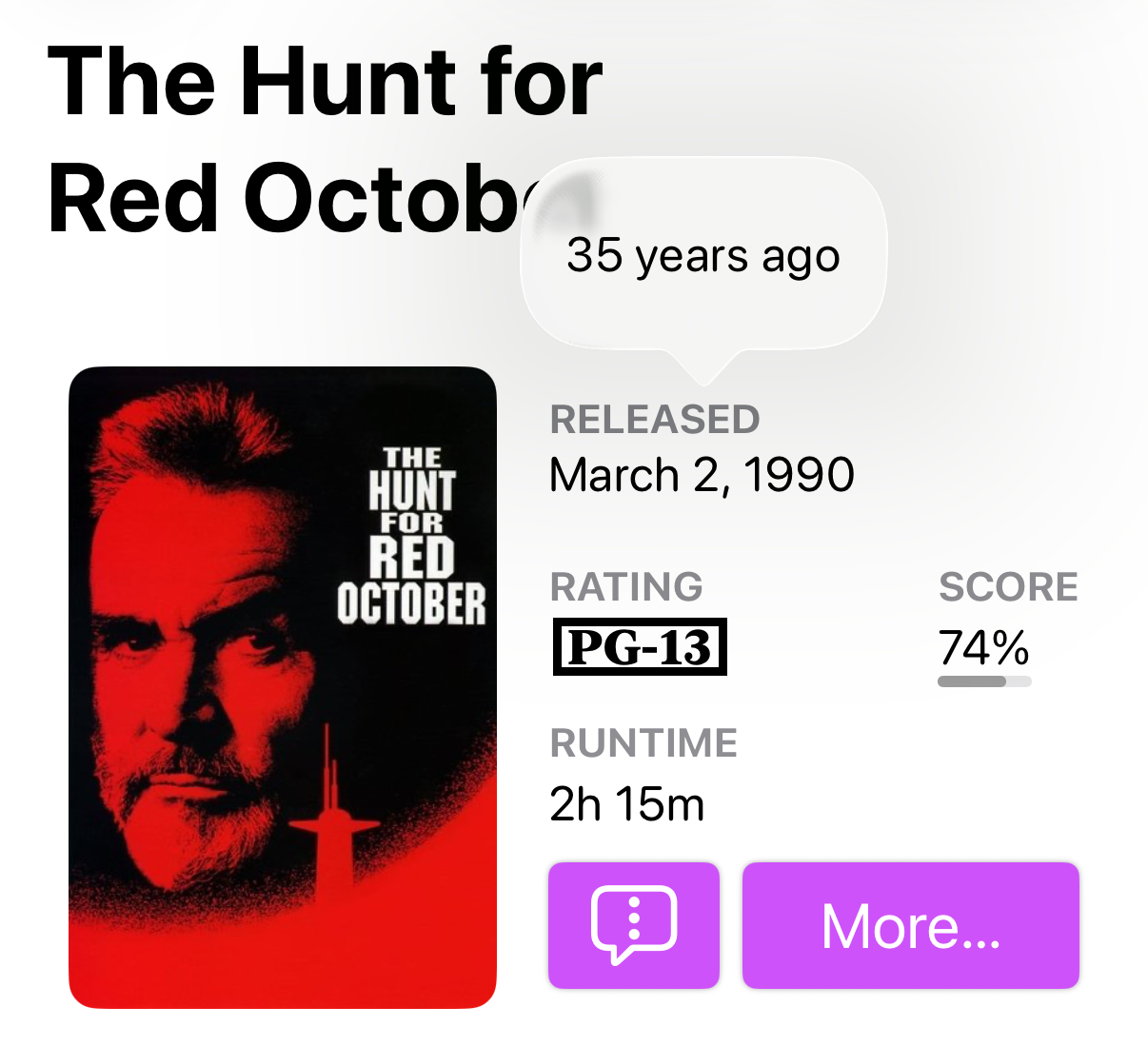 Screenshot of Callsheet showing The Hunt for Red October, with a tooltip over the release date indicating it was 35 years ago.