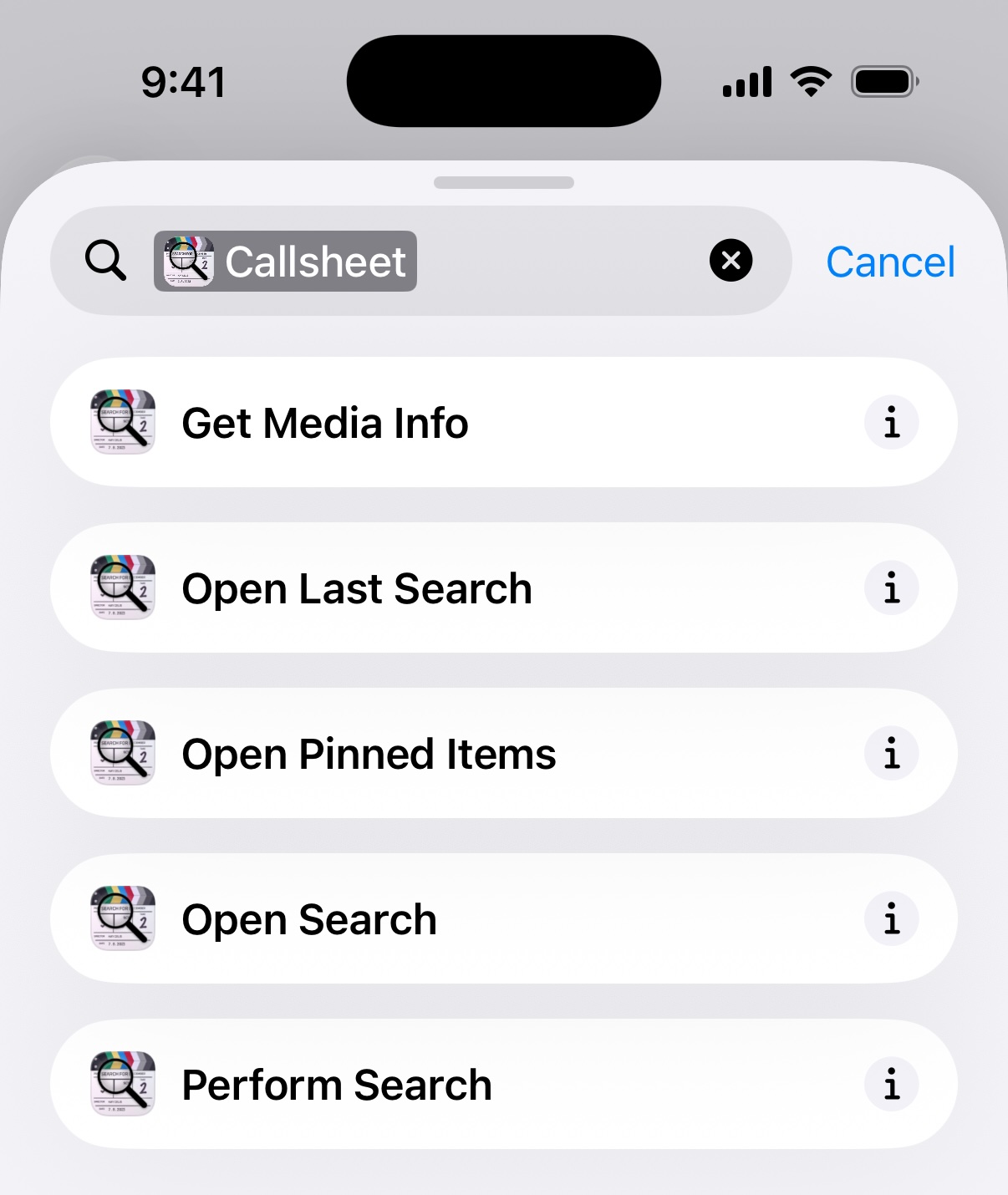 Screenshot of Callsheet Shortcuts actions